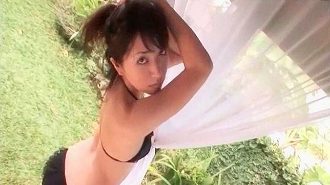 Naughty outdoor water play with captivating Japanese chick