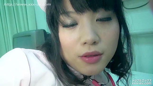 Uncensored blowjob for a girthy cock by a brunette Japanese nurse in leggings