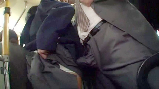 Immodest schoolgirl surprise grab on businessman dick in bus